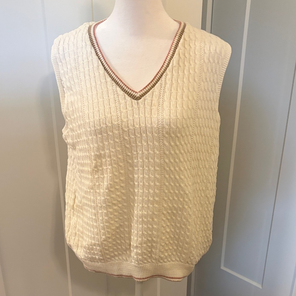 Haley Womens Cream Mauve Tan V-Neck Cable Knit Vest Size L Preppy Golf